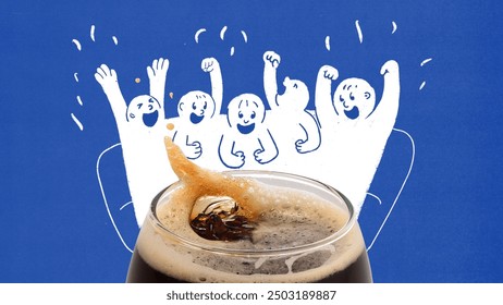 Group of excited cartoon figures emotionally standing next to glass with dark beer, celebrating victory against blue background. Contemporary art collage. Concept of sport, tournament, event, emotions - Powered by Shutterstock