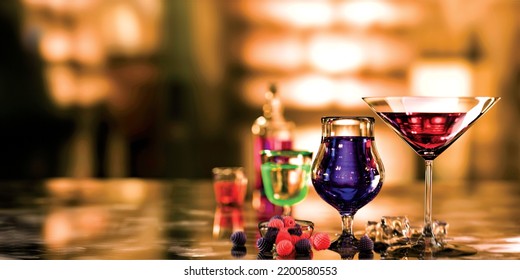 Group Of Exotic Cocktails On An Out Of Focus And Colorful Background. Cocktail And Mixology. 3d Illustration.