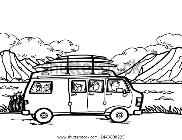 A group\
of family in a camper van vehicle with surfboard and bicycles\
travel camping outdoor road trip on vacation holiday freedom\
lifestyle in nature landscape in summer\
season.