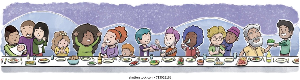 Group Of Family And Friends Eating At A Large Dining Table (Night Background)