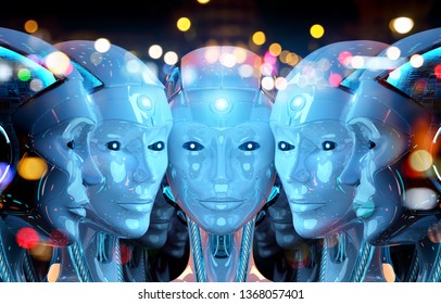 Group Of Female Robots Heads Close To Each Others Cyborg Army Concept 3d Rendering