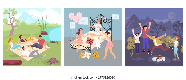 Group of Friends Having a Party on the Beach, around bonfire at night and bachelorette party. Square compositions with young people spend fun time together. Flat Art Rastered Copy Illustration. - Powered by Shutterstock