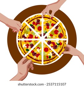 Group of friends sitting at a round table with pizza slices on a plate. Minimalistic and flat color drawing. - Powered by Shutterstock