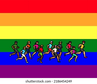 A Group Of Gay Multi-ethnic Male And Female Athlete Running Marathon Race On Pride Lgbtq Flag Background. Outdoor Exercise, Healthy Lifestyle.