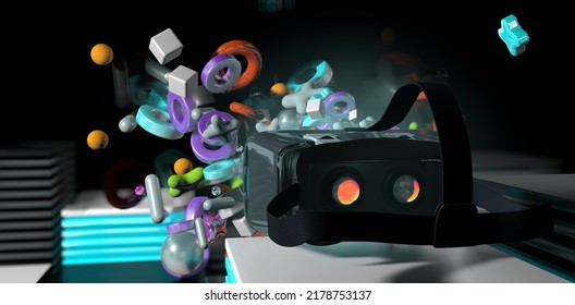 Group of geometric shapes being ejected from virtual reality goggles onto a cube surface with blue light against a black background. 3D Illustration