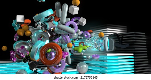 Group of geometric shapes being ejected from virtual reality goggles onto a cube surface with blue light against a black background. 3D Illustration - Powered by Shutterstock - Get 15% off with code: PIKWIZARD15
