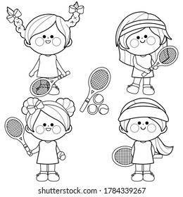 Group of girls tennis players. Black and white coloring page.