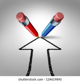 Group Goals And Joining Forces Together As A Team Partnership For Business Success As A Red And Blue Pencil Drawing An Arrow Going Up As A Financial Icon Of A Strong Relationship For Wealth Growth.