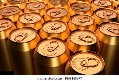 Group of gold premium aluminum energy drink cans from above close up full frame. 3D rendering mockup of alcohol drink can.