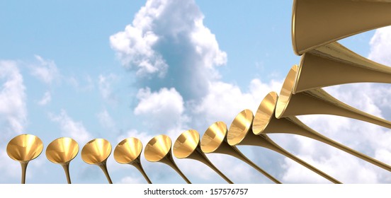 A group of golden medieval trumpets in a circular arc proclaiming a special heavenly occasion on light blue cloudy sky background