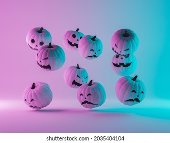 group halloween pumpkins floating in the air and blue   pink neon lighting  3d rendering