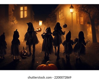 A Group Of Halloween Trick Or Treaters, Spooky, Evil, Dark, Spooky Children Trick Or Treating