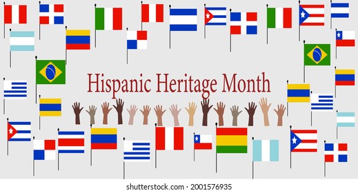 Group Of Hands With Different Color And Flags Of America. Cultural And Ethnic Diversity. National Hispanic Heritage Month.