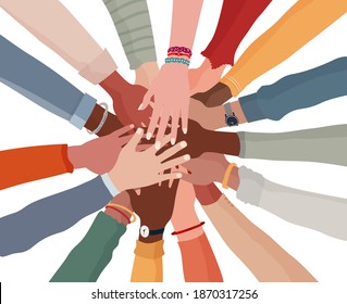 Group Hands On Top Of Each Other Of Diverse Multi-ethnic And Multicultural People.Diversity People.Diverse Culture.Racial Equality.Concept Of Teamwork Community And Cooperation.Oneness