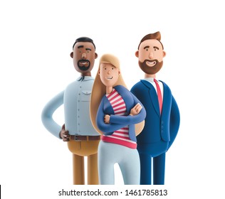 Group of happy cartoon characters standing on a white background. Stanley, Emma and Billy. 3d illustration. 