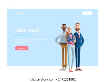 Group of happy cartoon characters standing on a blue background. Stanley, Emma and Billy. 3d illustration. Web banner, start site page, infographics, teamwork concept.
