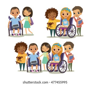 Group of Happy Children with books and tablets. Caring for the disabled child concept. Learning and playing together. Handicapped Kid. Isolated.