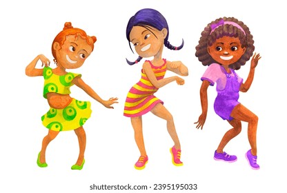 Group of happy multicultural dancing school age girls. Friends having fun together. Dancing party concept. Isolated watercolor illustration for children dancing party design, card, invitation, poster - Powered by Shutterstock