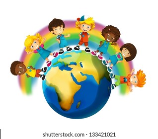 The group of happy preschool kids - around the earth - colorful illustration for the children - Powered by Shutterstock