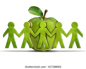 Group Health And Community Health Care Or Healthcare Concept As A Green Apple With Cut Out Fruit Shaped As Humans Holding Hands Together As A Symbol For Society Wellbeing In A 3D Illustration Style.