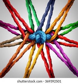 Group Holding Together As Different Ropes Connected And Tied And Linked Together In The Center By A Knot As A Strong  Unbreakable Chain And Community Trust And Faith Metaphor.