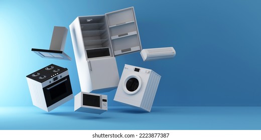 Group of home appliances Levitation. Refrigerator, Gas cooker, Microwave, Cooker hood, Air conditioner and Washing machine flying on blue studio background. 3D Rendering