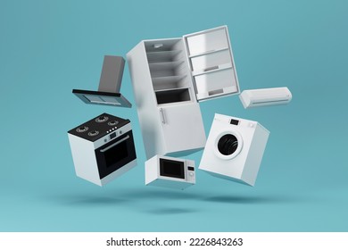 Group of home appliances Levitation. Refrigerator, Gas cooker, Microwave, Cooker hood, Air conditioner and Washing machine flying on green studio background. 3D Rendering
