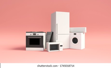 Group of home appliances. Refrigerator, Gas cooker, Microwave, Cooker hood, Air conditioner and Washing machine on pink studio background. 3D Rendering