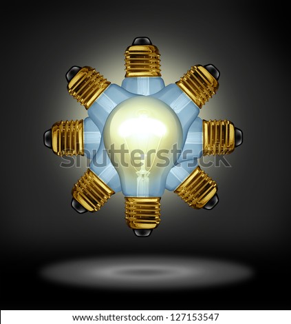 Group Ideas and creativity partnership concept with glowing light bulbs organized in a radial pattern as a symbol of the power of working together for innovation success on a black background.