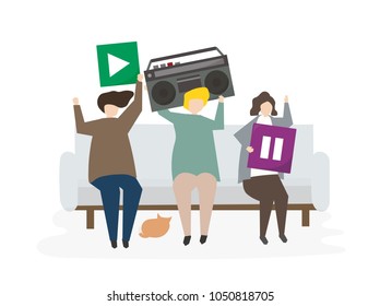 Group of illustrated friends listening to music - Powered by Shutterstock