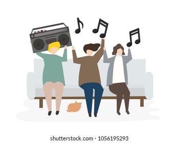 Group of illustrated friends listening to music - Powered by Shutterstock