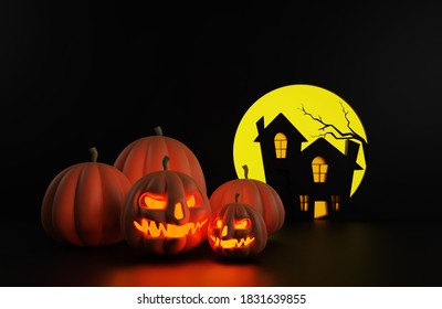 Group Of Jack O Lantern Halloween Pumpkin Glowing Heads With Full Moon Light Effect And Sillhouette Huanted House Background. 3D Rendering Haunting Halloween Concept, 3D Illustration Image.