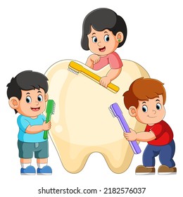 The Group Of Kids Are Holding Toothbrush And Brushing A Big Tooth Of Illustration