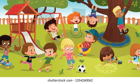 Group of kids playing game on a public park or school playground with with swings, slides, skate, ball, crayons, rope, playing catch-up game. Happy childhood. Modern illustration. Clipart. - Powered by Shutterstock