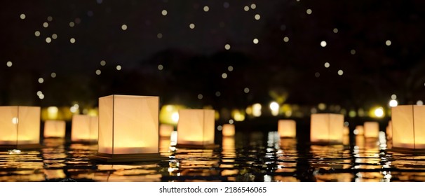 A Group Of Lantern Floating On The Lake At Night. Loy Krathong Festival, Chinese Paper Floating Lanterns, Memorial Day Lantern Festival. 3d Rendering, 3d Illustration