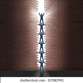 Group Leadership Breakout Business Concept With A Team Of Business People Cooperating Together To Open A Hole In Brick Wall With A Top Manager Directing The Planned Strategy As A Symbol For Success.