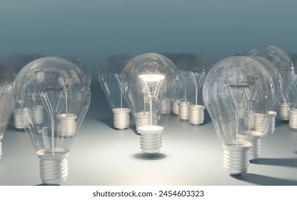 Group of light bulbs on table 3d render illustration. 3D Illustration