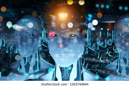 Group Of Male Robots Following Leader Cyborg Army Concept 3d Rendering