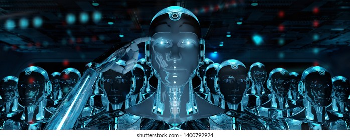 Group Of Male Robots Following Leader Cyborg Army Concept 3d Rendering