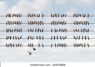 Group Management Business Concept As A Cluster Of Birds On A Wire In The Shape Of Organized Aligned Pattern As A Metaphor For Staff And Company Coordination Planning And Managing Employee Strategy.