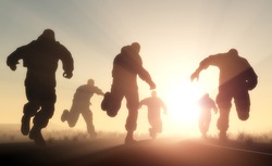 A Group Of Men Running In From The Sun.