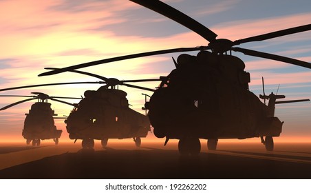 A Group Of Military Helicopters.