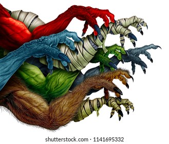 Group of monster arms isolated on a white background as a grabbing zombie mummy werewolf and red demon as a creepy halloween design element in a 3D illustration style.
