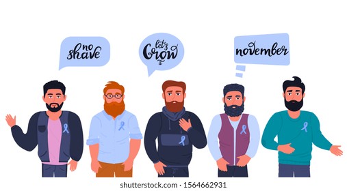 Group Of Multicultural Bearded Men With Blue Ribbons. Motivational Slogans With Calls To Grow A Mustache And Beards In Support Of Patients With Prostate Cancer. November Awareness Month. Man S Health.