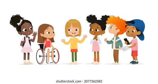 A Group Of Multicultural Children Are Talking To Each Other. Children Greet A New Girl In A Wheelchair, Greet A New Friend. The Concept Of Inclusive Education At School.  Boy Scanning QR Code.