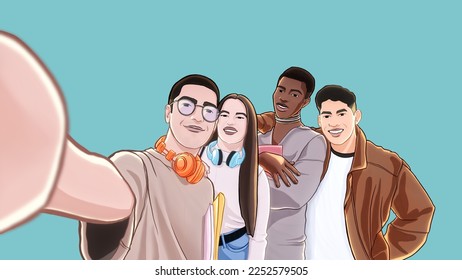 Group of multicultural friends taking a selfie and smiling. illustration. - Powered by Shutterstock