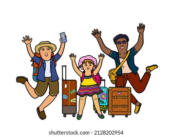 A Group Of Multi-ethnic, Diversity Family Traveling With Bags And Suitcase, Hand Holding Passport Mobile Phone, Arm Raised With Happiness. Young Gay Lgbtq Parents With A Daughter Travel Together.