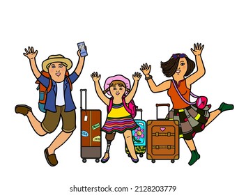 A Group Of Multi-ethnic, Diversity Family Traveling With Bags And Suitcase, Hand Holding Passport Mobile Phone, Arm Raised With Happiness. Young Parents With A Disability Daughter With Prosthetic Leg.