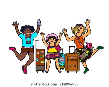 A Group Of Multi-ethnic, Diversity Family Traveling With Bags And Suitcase, Hand Holding Passport Mobile Phone, Arm Raised With Happiness. Young Gay Lesbian Multiracial Parents With A Daughter.