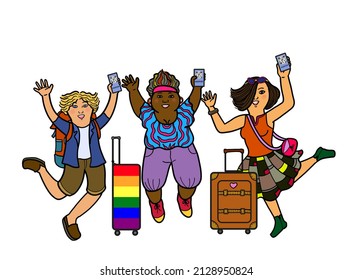 A Group Of Multi-ethnic And Gay Pride Lgbtq People Traveling With Bags And Suitcase, Hand Holding Passport Mobile Phone, Arm Raised With Happiness. Friends Travel Together On Vacation Concept.